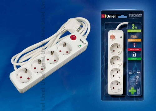 S-GSP4-3E Фильтр сетевой Uniel серии «Energy», с/з, 4 гн., шнур 3 м, защита от перенапряжения, фильтр помех, термопредохранитель
