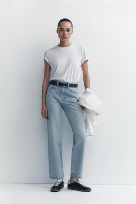 ZARA ДЖИНСЫ TRF MOM FIT HIGH WAIST, ГОЛУБОЙ