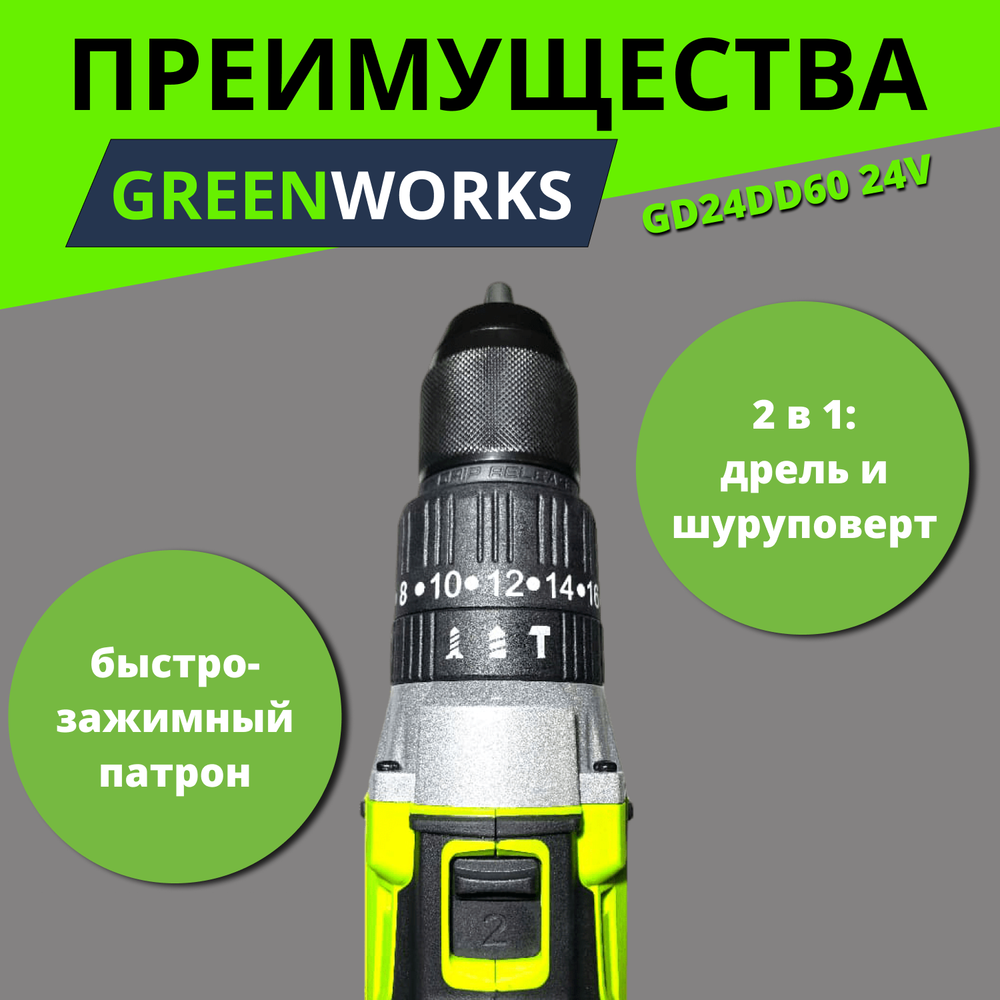 Аккумуляторная ударная дрель-шуруповерт Greenworks 3704107UA