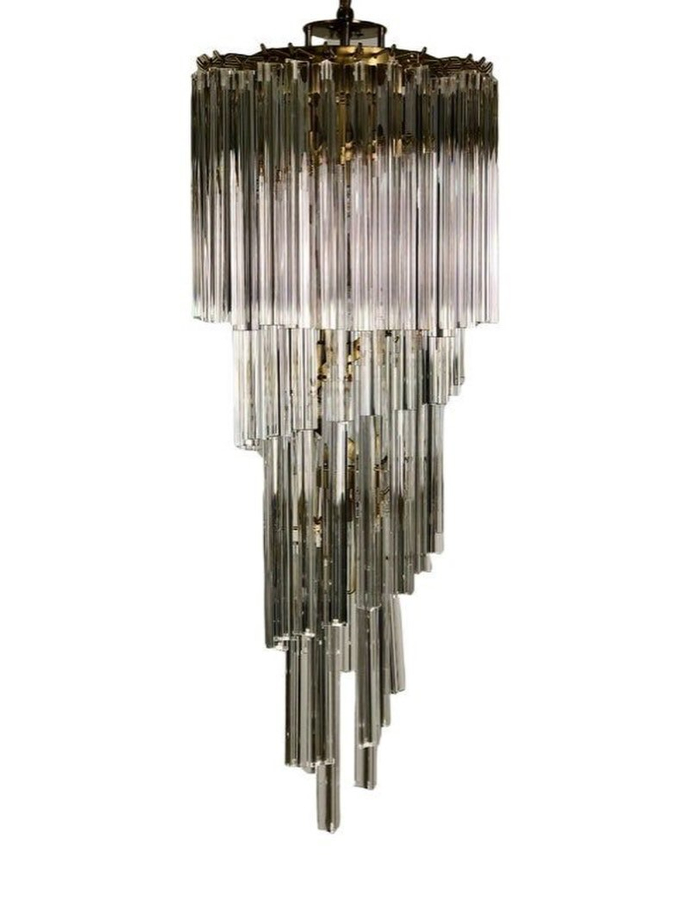 Эффектная подвесная люстра с каскадом вытянутых стеклянных подвесок в дымчатом оттенке.