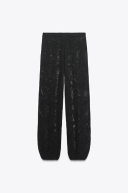 ZARA БРЮКИ ИЗ ТРИКОТАЖА С ЦВЕТОЧНЫМ УЗОРОМ, ЧЕРНЫЙ