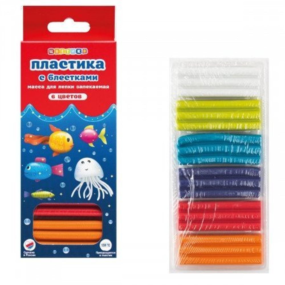 Набор полимерной глины (пластика) для лепки и моделирования, 6 цветов, "Цветик, 120 гр, с блестками, европодвес Набор полимерной глины (пластика) для лепки и моделирования, 6 цветов, "Цветик, 120 гр, с блестками, европодвес