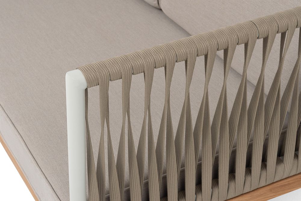 "Касабланка" диван 2-местный плетеный из роупа, основание дуб, каркас алюминий светло-серый (RAL7035) муар,роуп серо-коричневый 23мм,ткань бежевая