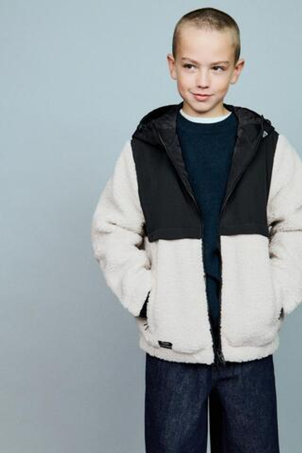 ZARA КУРТКА ИЗ ИСКУССТВЕННОЙ ОВЧИНЫ И НЕЙЛОНА, ЖЕЛТОВАТО-БЕЛЫЙ
