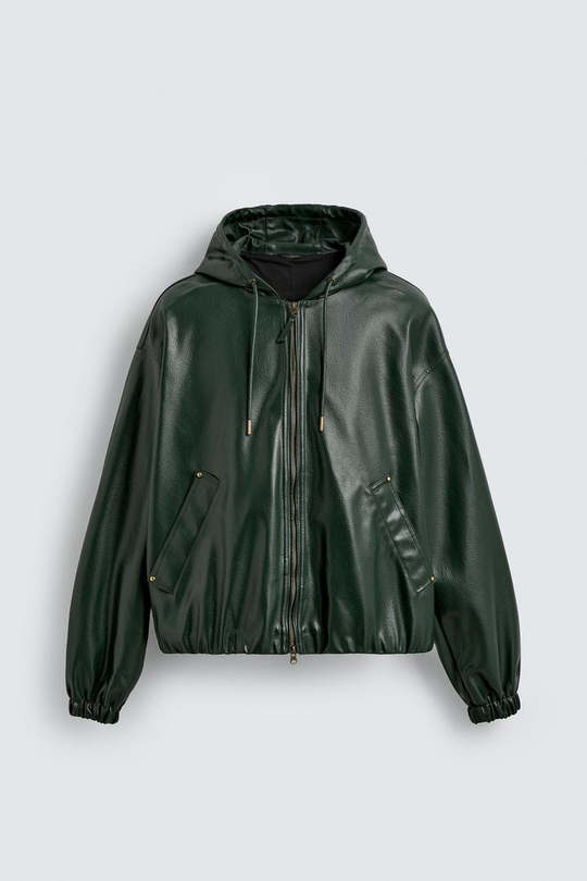 ZARA КУРТКА ИЗ ИСКУССТВЕННОЙ КОЖИ С КАПЮШОНОМ, ЗЕЛЕНЫЙ