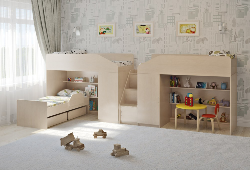 Трехъярусная кровать КарИВи Л-11.13  Дуб Молочный  Дуб Молочный