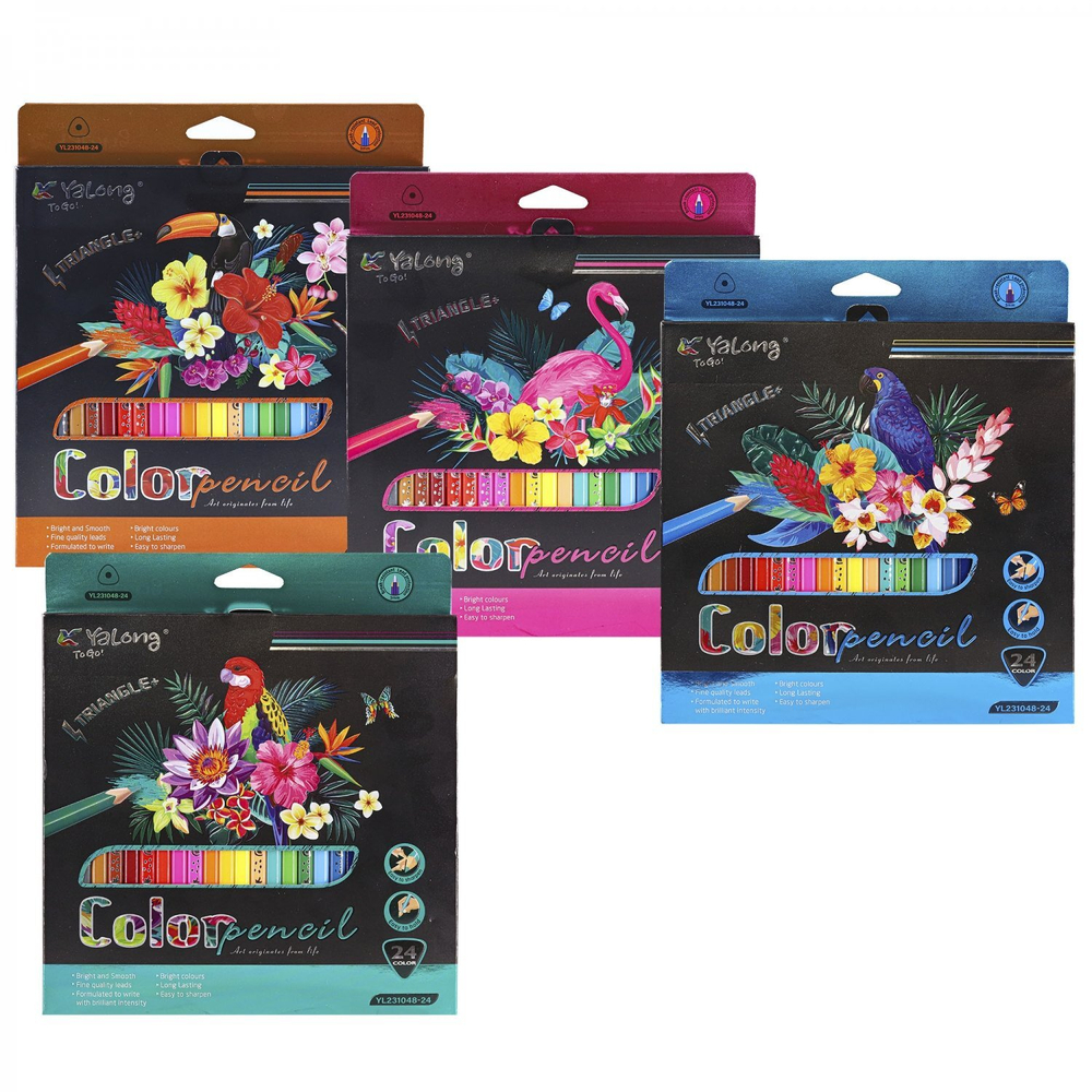 Карандаши цветные Yalong 24 цв., "Birds" деревянные, трехгранные, заточенные, грифель 3.0 мм, картон. уп., европодвес