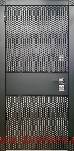 Входная металлическая дверь RеX (РЕКС) 15 Чешуя кварц черный, фурнитура хром / ФЛ-117 Штукатурка графит