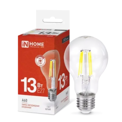 Лампа светодиодная LED-A60-deco 13Вт 230В Е27 4000К БЕЛЫЙ 1370Лм прозрачная IN HOME