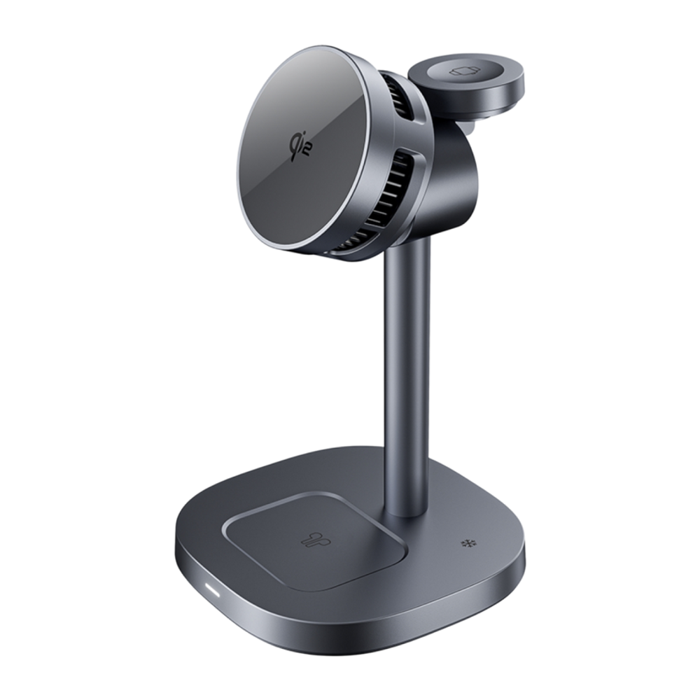 Зарядная станция MagSafe с активным охлаждением Deppa Evo Power для iPhone, Apple Watch и AirPods (Qi2) Беспроводная зарядка: Qi 15 Вт, Qi 5 Вт, магнитное крепление для зарядки Apple Watch или Samsung Galaxy Watch (Qi 2,5 Вт). Проводная зарядка: нет. Серт