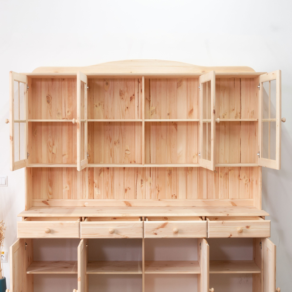 Шкаф витрина 174х28х109, Лена, стеклянная для посуды, буфет 4-дверный, с полками (верхняя часть буфета Лена), массив сосны, в натуральной отделке, Dipriz