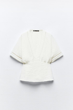 ZARA ТОП КИМОНО С КРУЖЕВОМ, БЕЛЫЙ
