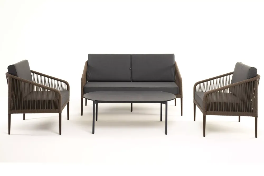 "Канны" лаунж-зона 4-местная из роупа со столом "Верона" (серый гранит), каркас алюминиевый коричневый, роуп коричневый