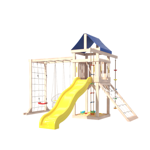 Детская площадка Fun Land неокрашенная с модулем сетка-рукоход, мини сеткой, подвесным креслом и качелями