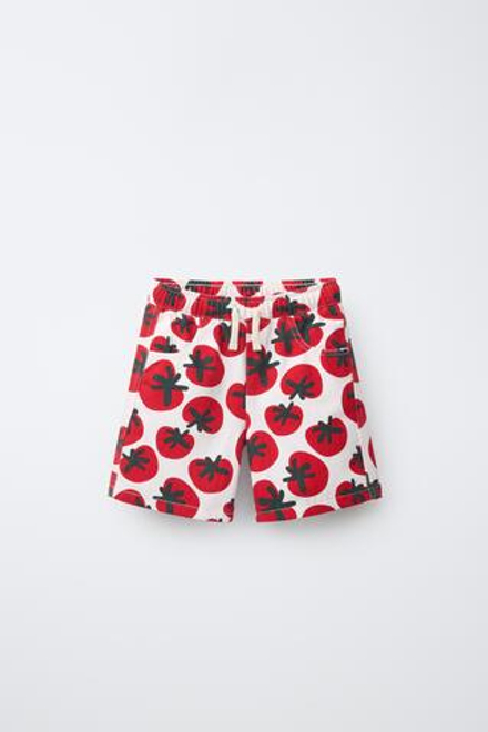 ZARA ШОРТЫ ИЗ САРЖИ С ПРИНТОМ ТОМАТОВ, КРАСНЫЙ