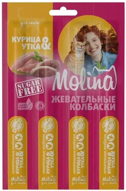 Лакомство для кошек Molina жевательные колбаски для кошек Курица и утка, 20 г
