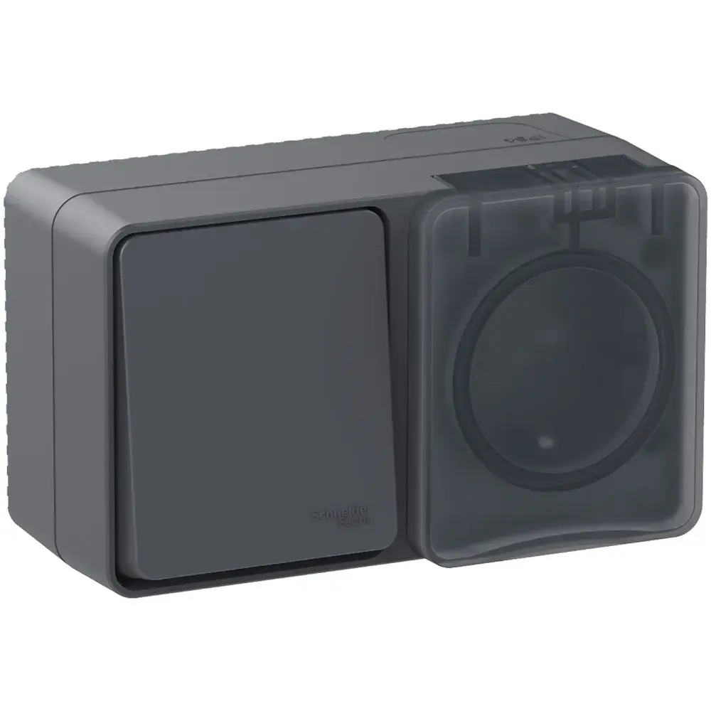 ATLASDESIGN PROFI IP54 О/У БЛОК: РОЗЕТКА с заземл. со шт., 16А, ВЫКЛЮЧАТЕЛЬ 1-клав., 10АХ, АНТРАЦИТ