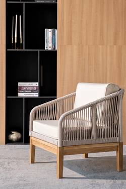 "Канны" кресло плетеное из роупа, основание дуб, роуп бежевый круглый, ткань бежевая 15052