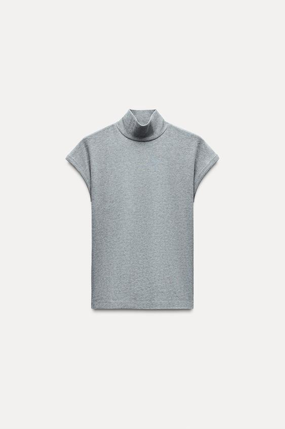 ZARA ТОП В РУБЧИК С ВОРОТНИКОМ-СТОЙКОЙ, СЕРЫЙ С МЕЛАНЖЕВЫМ ЭФФЕКТОМ