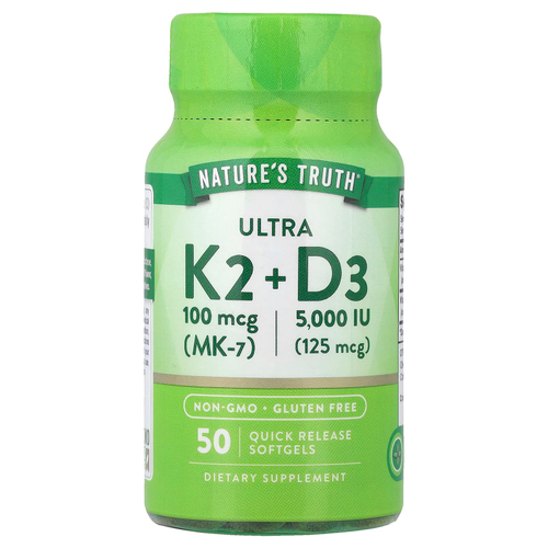 Nature's Truth, Ultra D3 и K2, 50 капсул с быстрым высвобождением