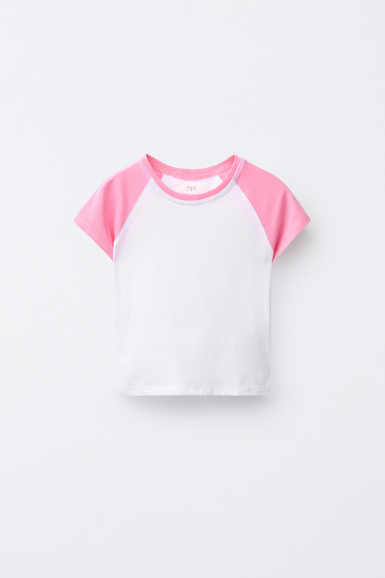 ZARA ФУТБОЛКА С РУКАВАМИ РЕГЛАН, РОЗОВЫЙ/БЕЛЫЙ