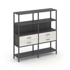 Shelf System Двухсекционный стеллаж четырехярусный с ящиками SN.STM-422 Антрацит/Дуб Наварра/Металл