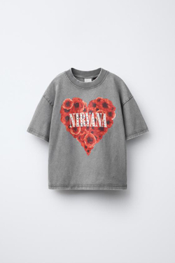 ZARA ФУТБОЛКА С ПРИНТОМ NIRVANA ® И СТРАЗАМИ, СЕРЫЙ