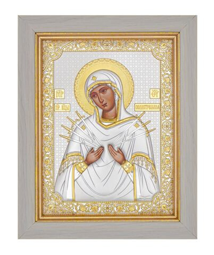 Семистрельная БМ, икона прямоугольная в рамке под стеклом, белое дерево 232х280