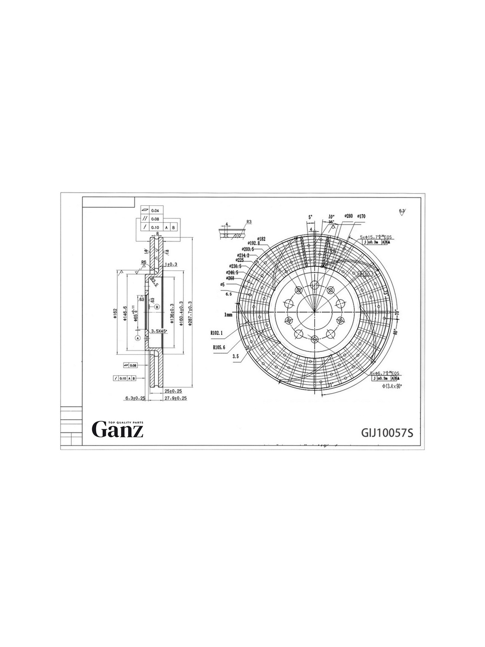 Диск тормозной передний перфорированный PRO-LINE с покрытием (комплект 2 шт) VAG A1/3/LEON/FABIA/OCTAVIAI/RAPID/GOLFIV/POLO 96- GANZ GIJ10057S