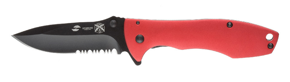 Мужской брутальный стальной складной нож с клинком 80 мм и алюминиевой рукояткой красный Stinger FK-721RD в подарочной коробке с чехлом