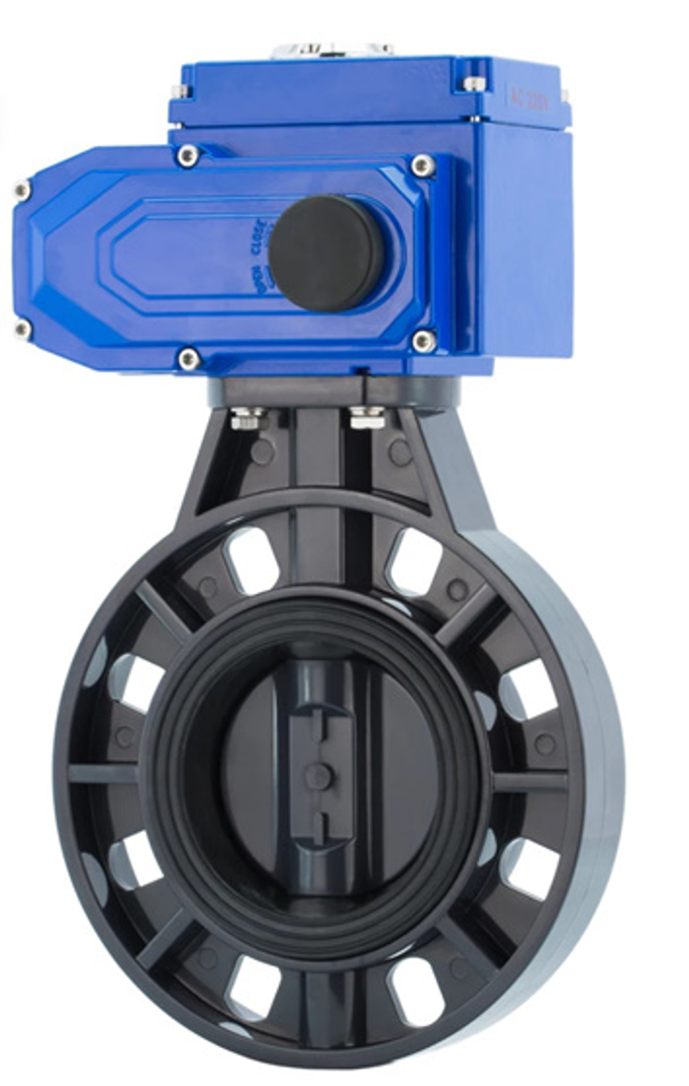 Затвор дисковый ПВХ (НПВХ) межфланцевый с электроприводом 220В - переменный ток (время действия 15 сек) под клей, EPDM (Ру6,3-10), Китай