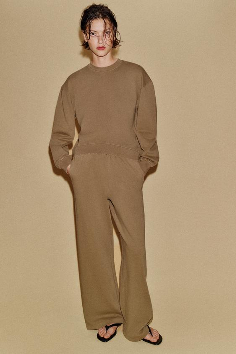 ZARA ШИРОКИЕ БРЮКИ С ЭФФЕКТОМ ПОТЕРТОСТИ, СЕРО-КОРИЧНЕВЫЙ