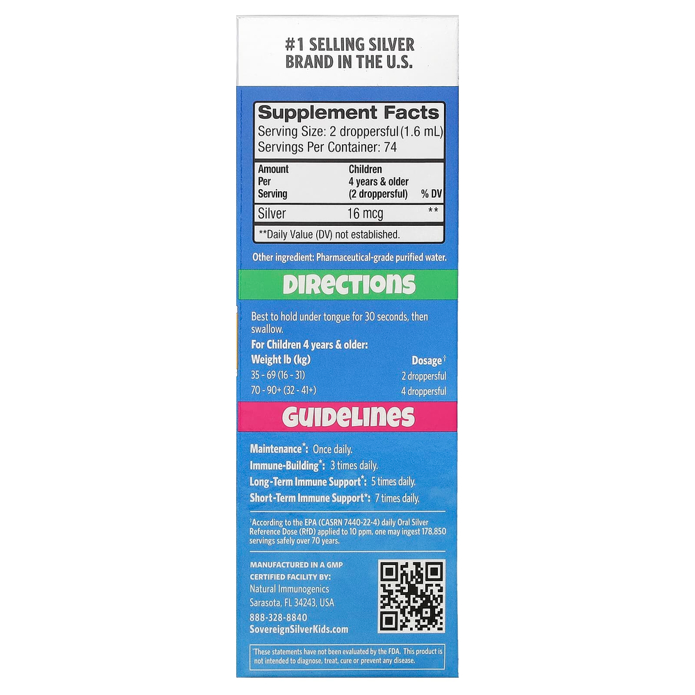 Sovereign Silver, Kids Bio-Active Silver Hydrosol™, для детей от 4 лет, 118 мл (4 жидк. унции)