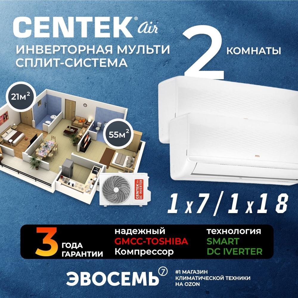 Инверторная мульти сплит-система CENTEK на 2 комнаты (21+55 м2) CT-66AM2-H21/AMWMH07+AMWMH18