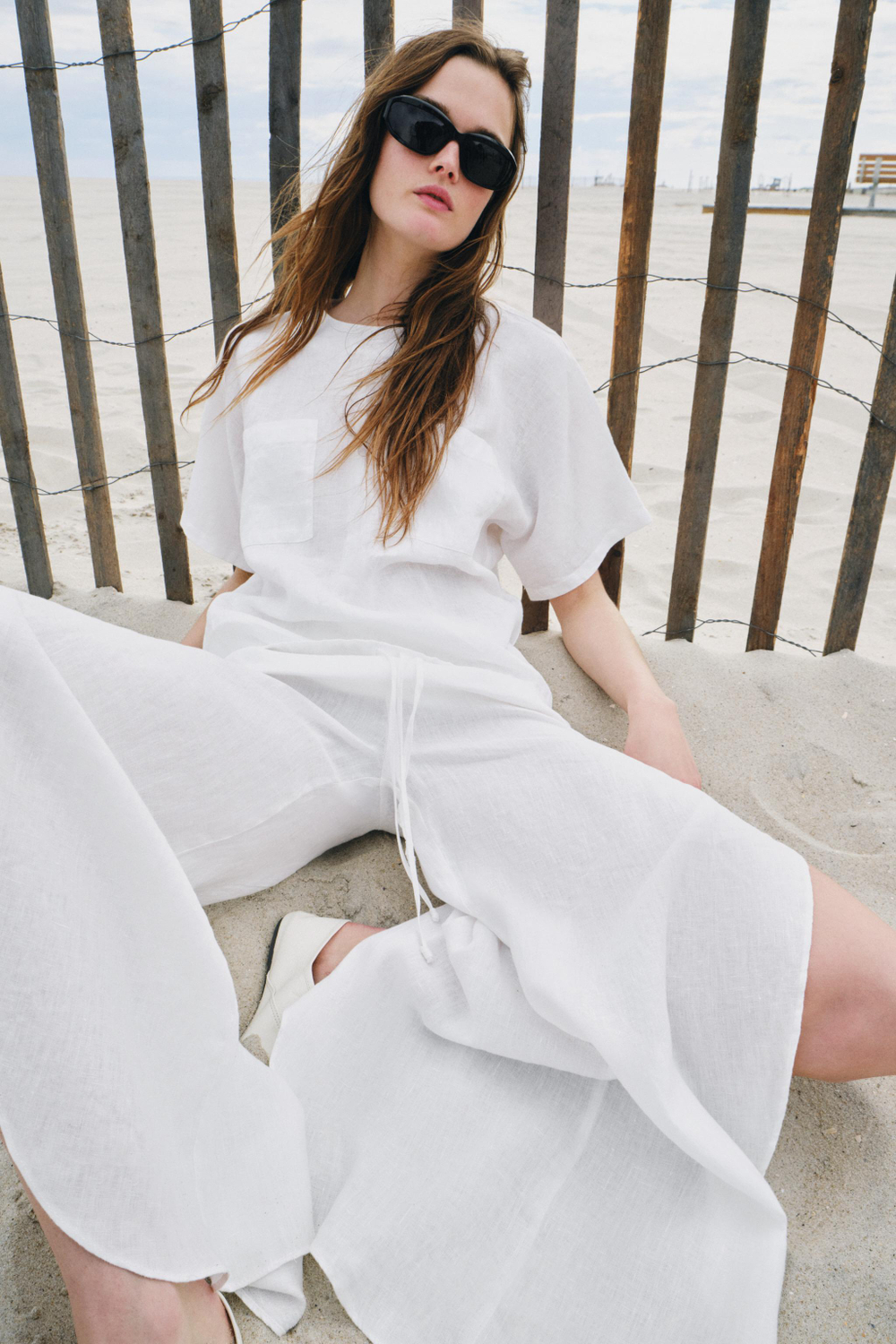 ZARA ЛЬНЯНОЙ ТОП НА ШНУРКАХ — ZW COLLECTION, БЕЛЫЙ