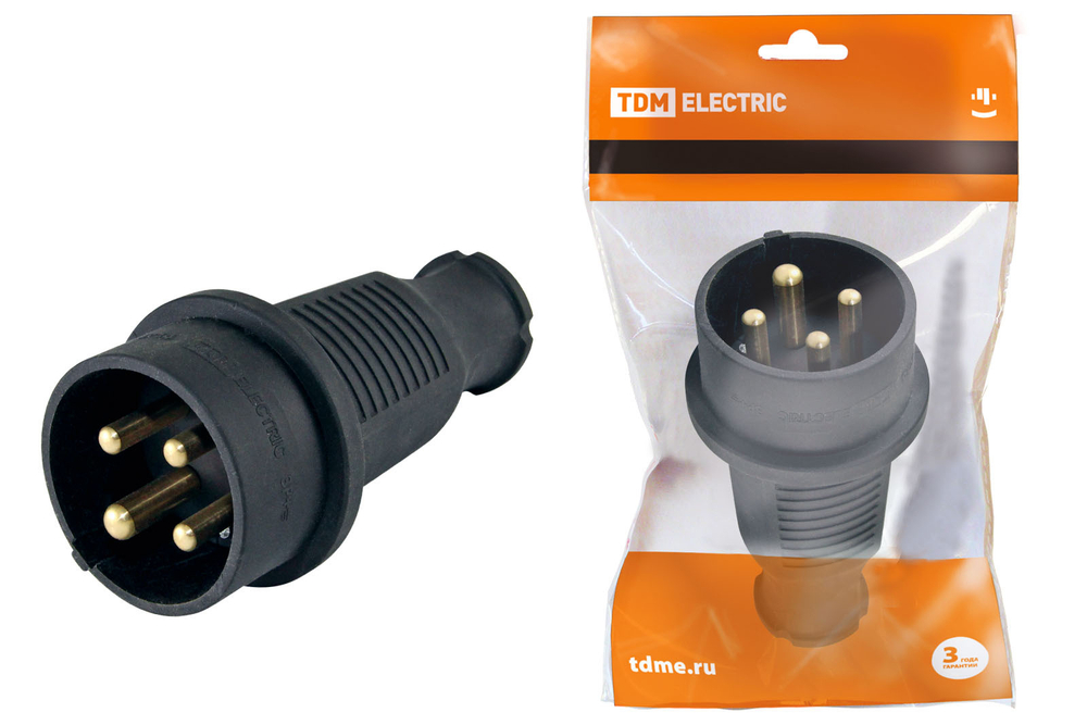 Вилка прямая каучук 3Р+РЕ 32А 380В IP44 TDM SQ0612-0006