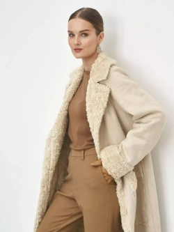 Эко дубленка женская длинная из искусственного меха, бежевая, SilverFox