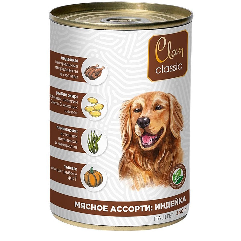 Влажный корм для собак Clan CLASSIC Паштет из мясного ассорти с индейкой, банка 340 г