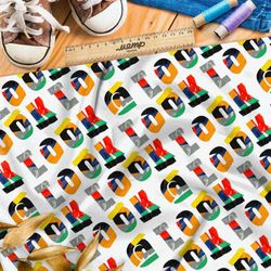 Ткань дюспо цветные буквы с рисунком на белом фоне