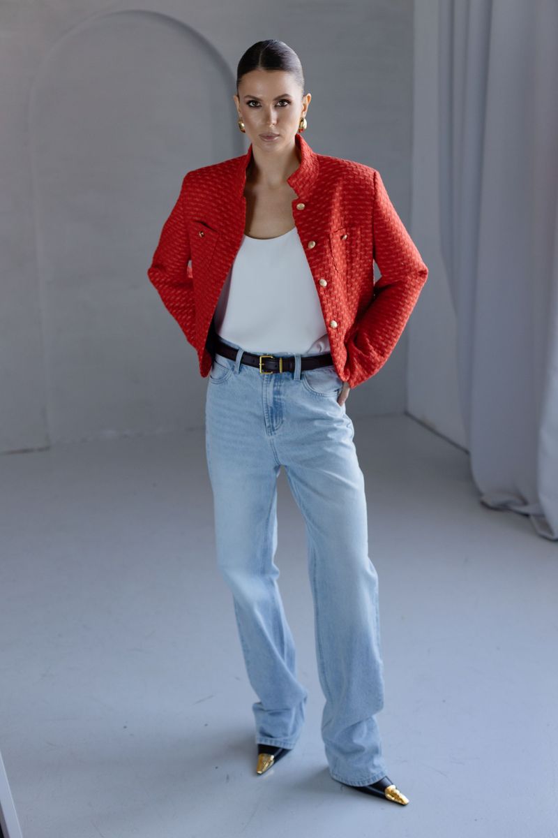 Жакет из твида укороченный со стойкой красный