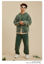 Американский модный брендовый костюм мужской зелёного цвета с эффектом потёртости с капюшоном и двойной молнией для мужчин.