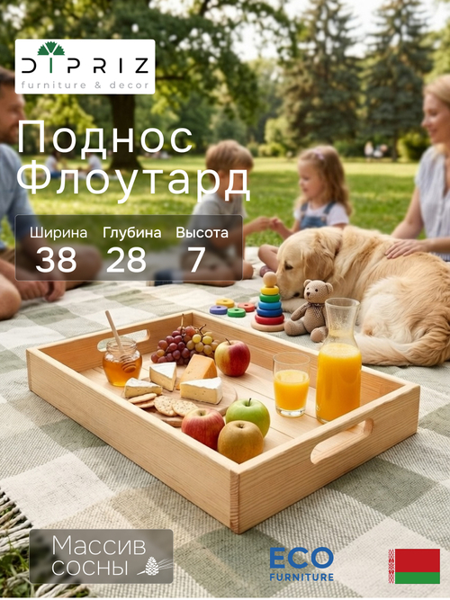 Поднос 38х28х7, Флоутард, столик для завтрака в постель, подставка для кухни, дачи, цветов, рассады, деревянный, Dipriz