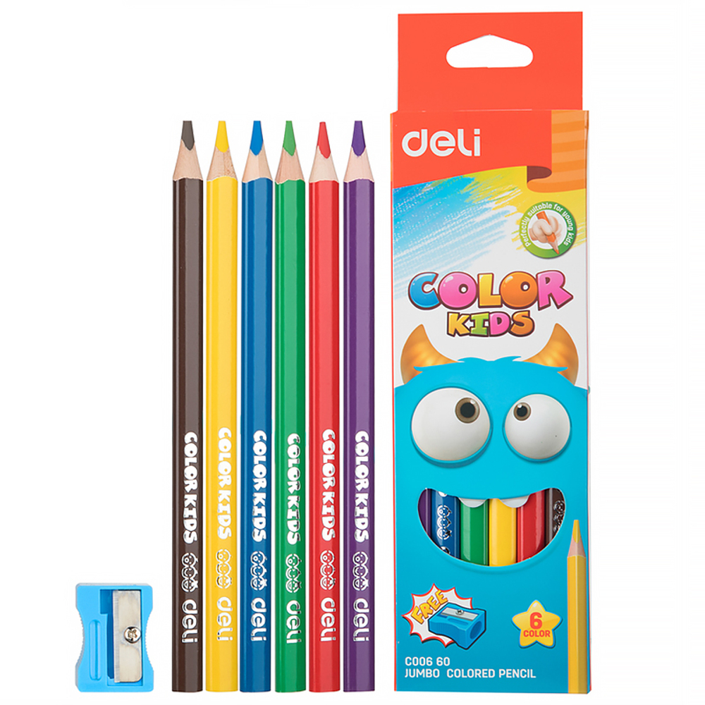 Карандаши цветные Deli "Color Kids", 6 цветов, утолщенные, дерево, картон