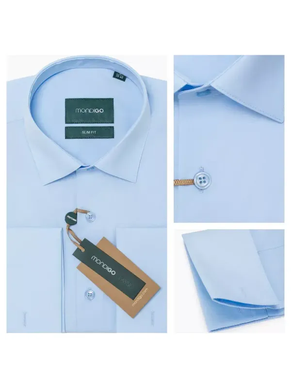 Рубашка под запонки приталенная SLIM FIT с длинным рукавом, голубая