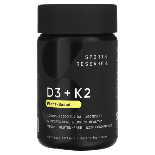 Sports Research, витамины D3 и K2, растительная добавка, 125 мкг/100 мкг, 60 растительных капсул