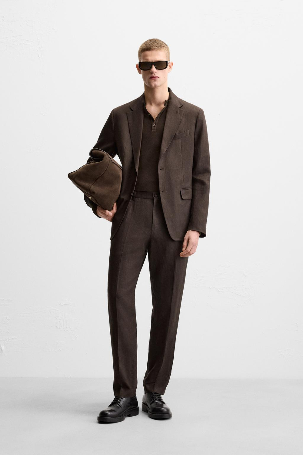 ZARA КОСТЮМНЫЙ БЛЕЙЗЕР ИЗ 100% ЛЬНА, ТЕМНО-КОРИЧНЕВЫЙ