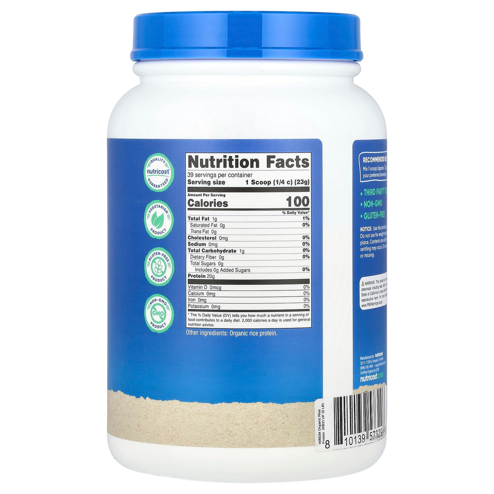 Nutricost, Органический рисовый протеин в порошке, без добавок, 907 г (2 фунта)