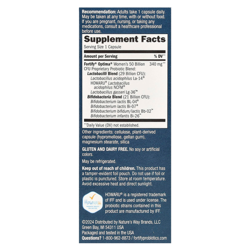 Nature's Way, Optima® Probiotic, Fortify®, пробиотик для женщин, 50 млрд, 30 капсул с отсроченным высвобождением