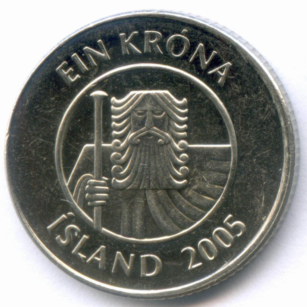 1 крона 2005 год. Исландия. Треска. Сталь с покрытием, диаметр 21.5 мм. XF