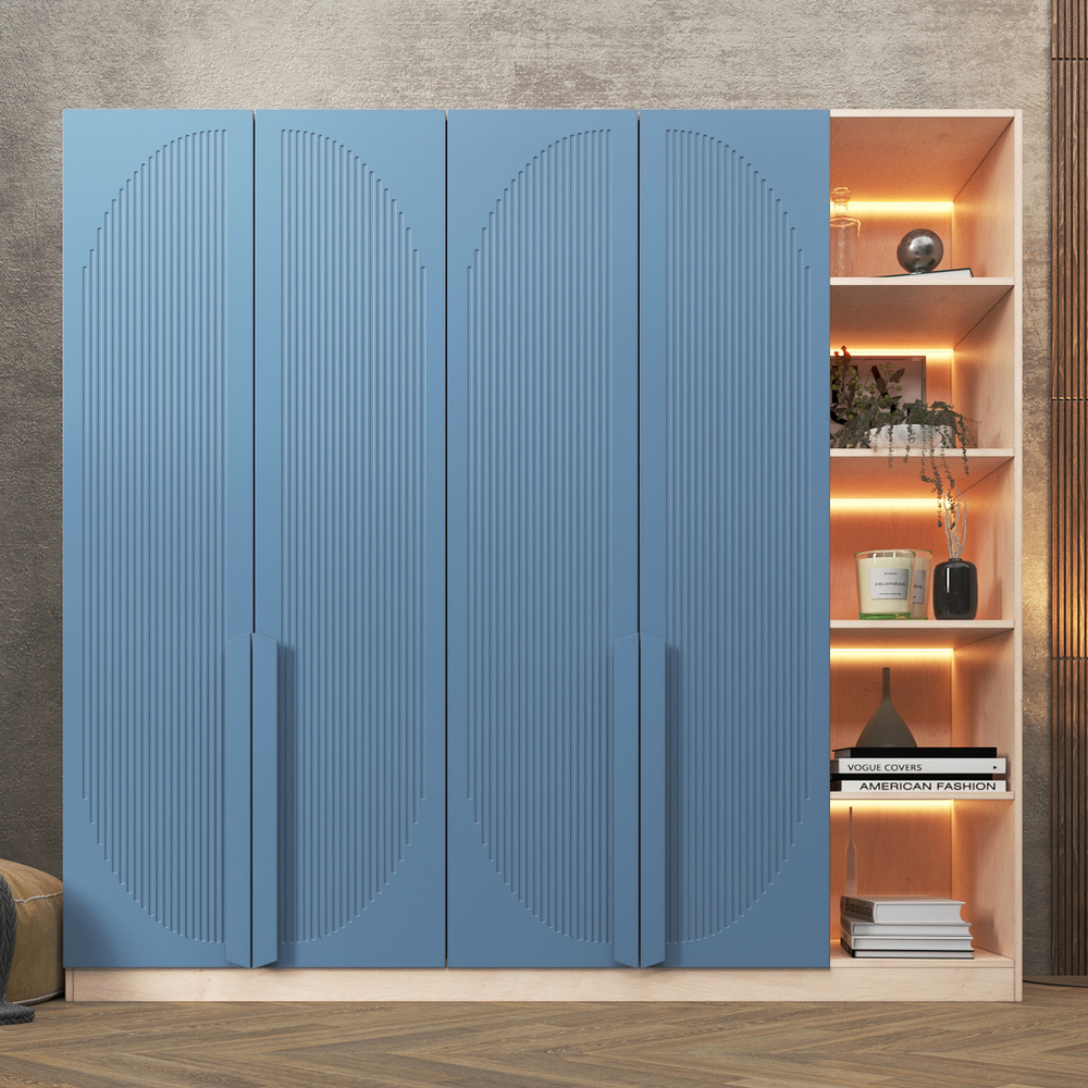 Шкаф Агератум МДФ четырехсекционный с стеллажом Сапфир структурный (0,3) G4018-62A матовая - Дуб молочный 8622  230*45*260